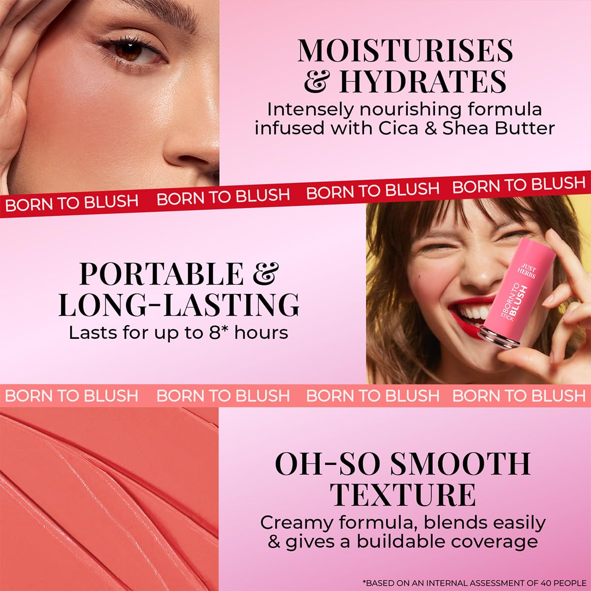 Just Herbs Red Hot Born To Blush Lightweight | Long Stay | Smooth Texture | Moisturises & Hydrates | Dewy Glow Blush Stick with Shea Butter & Cica for Eyes Cheeks and Lips For Women | 14g
