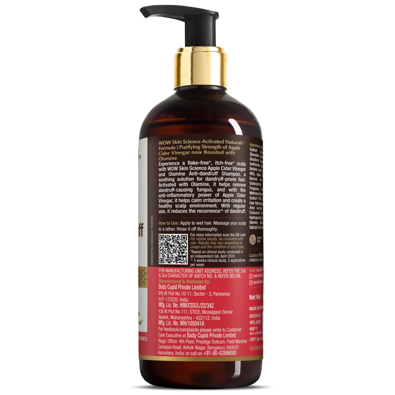 WOW Skin Science Apple Cider Vinegar Shampoo - 500ml | Mild Anti-Dandruff Shampoo For Daily Use | Suitable For Men & Women | Balances PH Level | Contains No Sulphates, Parabens or Harmful Chemicals