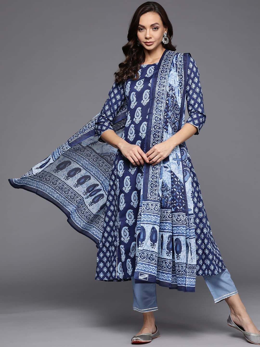 INDO ERA Women's  Cotton Blend Ethnic Motifs Straight Kurta Trousers with Dupatta Set (RRRRR4119)