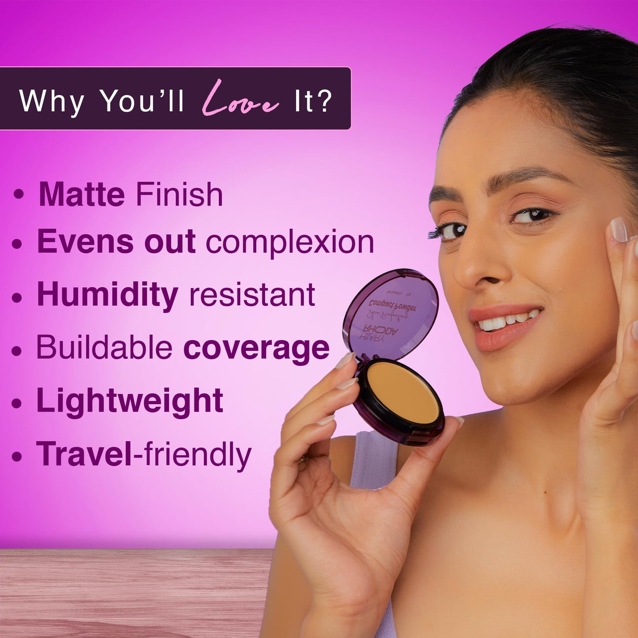 Hilary Rhoda Skin Perfecting Compact Powder | Oil Control & Matte Finish | Buildable Coverage | Blends Easily | Hides Imperfections | 6g (Light Beige | Shade 03)