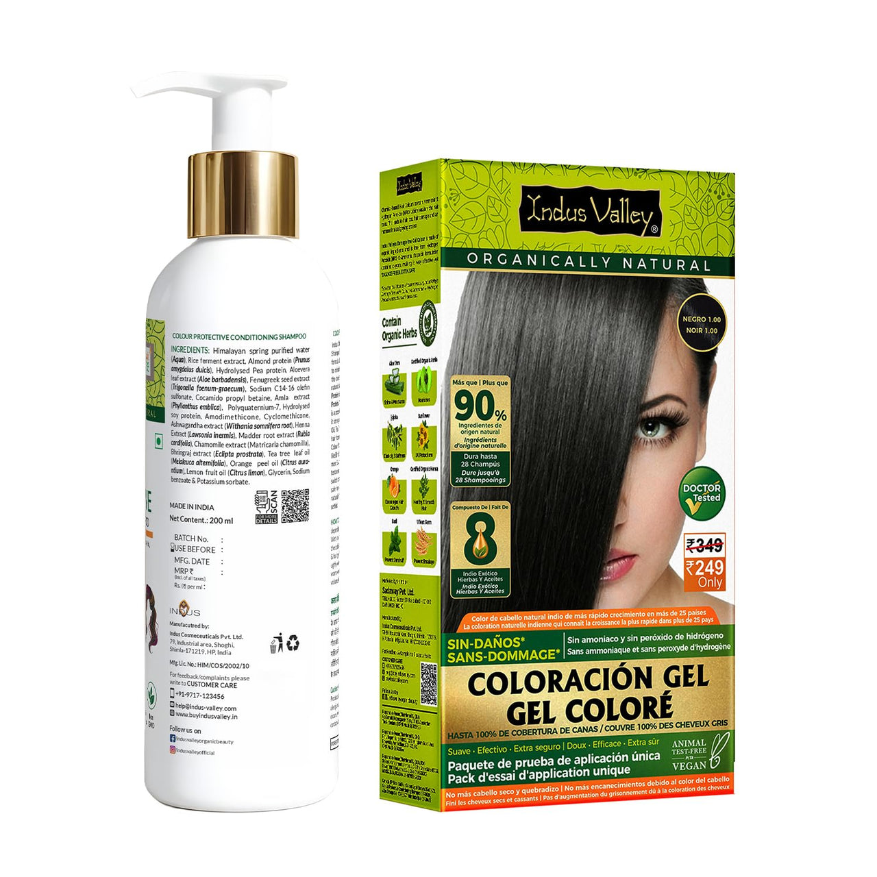 INDUS VALLEY Hair Color Trial Pack | Black With Colour Protection Shampoo (200 ml)