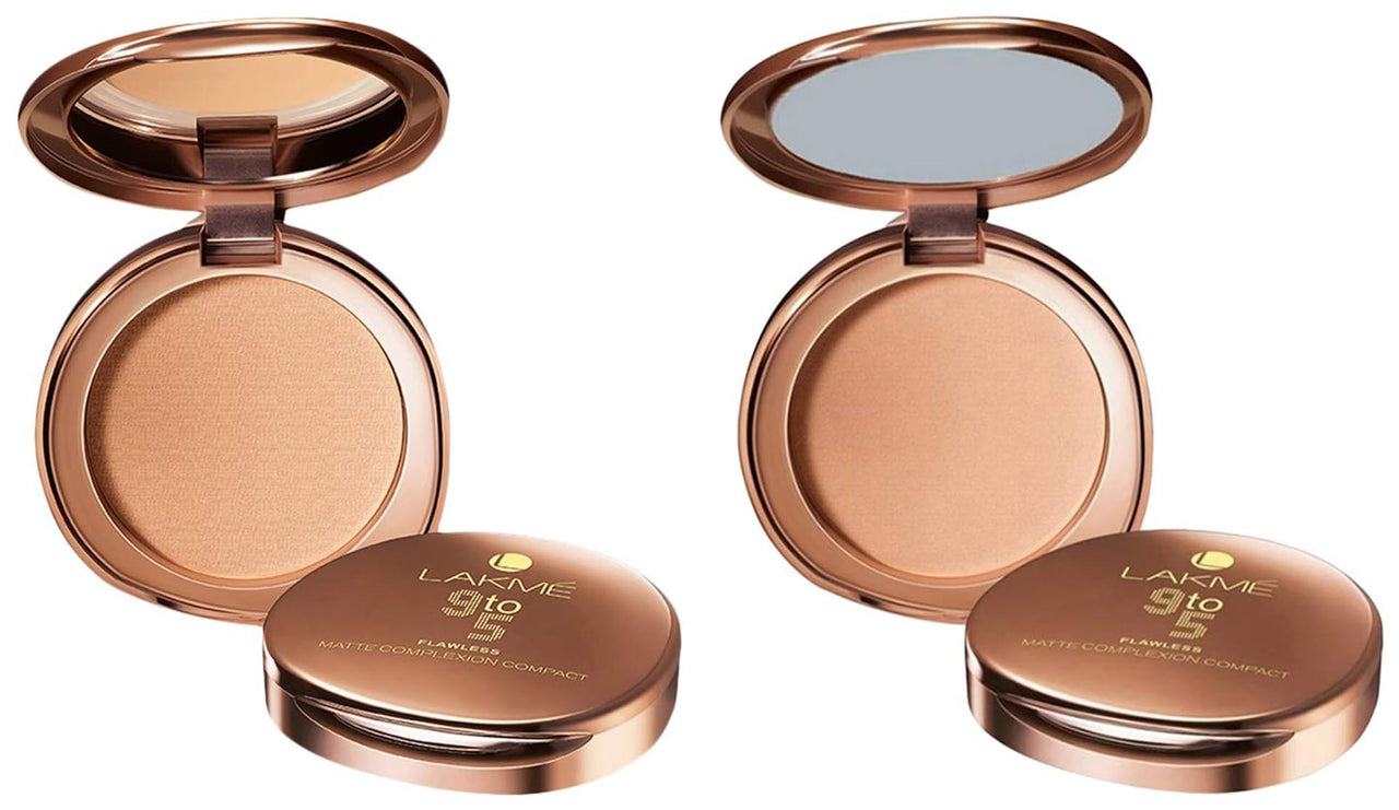 Lakmé 9 To 5 Flawless Matte Complexion Compact Light Powder For All Skin Type, Almond, 8G And 9 To 5 Flawless Matte Complexion Compact, Melon, 8G, Brown, 2 pack