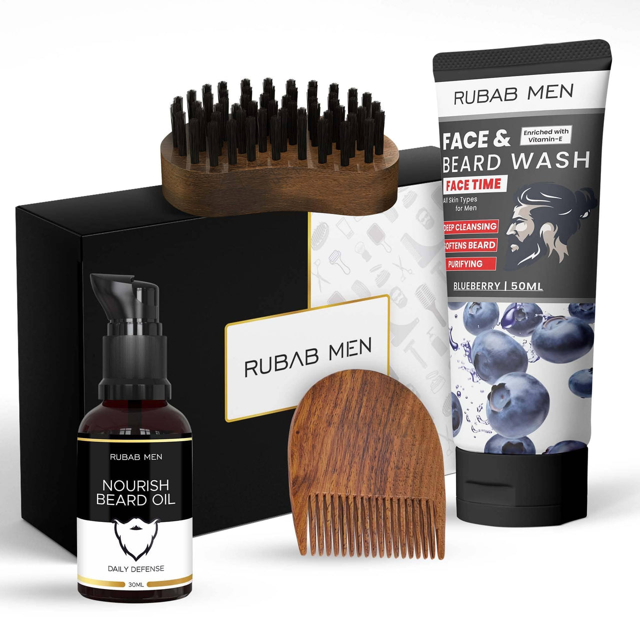 Rubab Men 4-in-1 Beard Kit for Men| Advance Beard Oil, Face & Beard Wash, Beard Brush & Wooden Beard Comb for Men| Daily Care of Beard or Amazing Gift Kit for Men