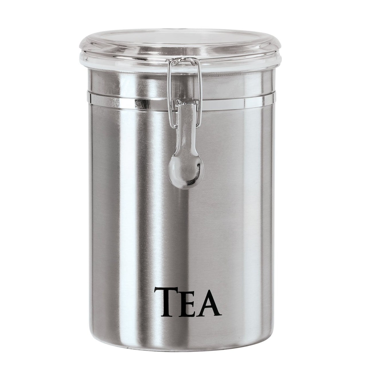 Oggi Stainless Steel Tea Canister 62 fl oz - Airtight Clamp Lid, Clear See-Thru Top - Ideal for Tea Bag Storage, Loose Tea Storage, Kitchen Storage, Pantry Storage. Large Size 5" x 7.5".