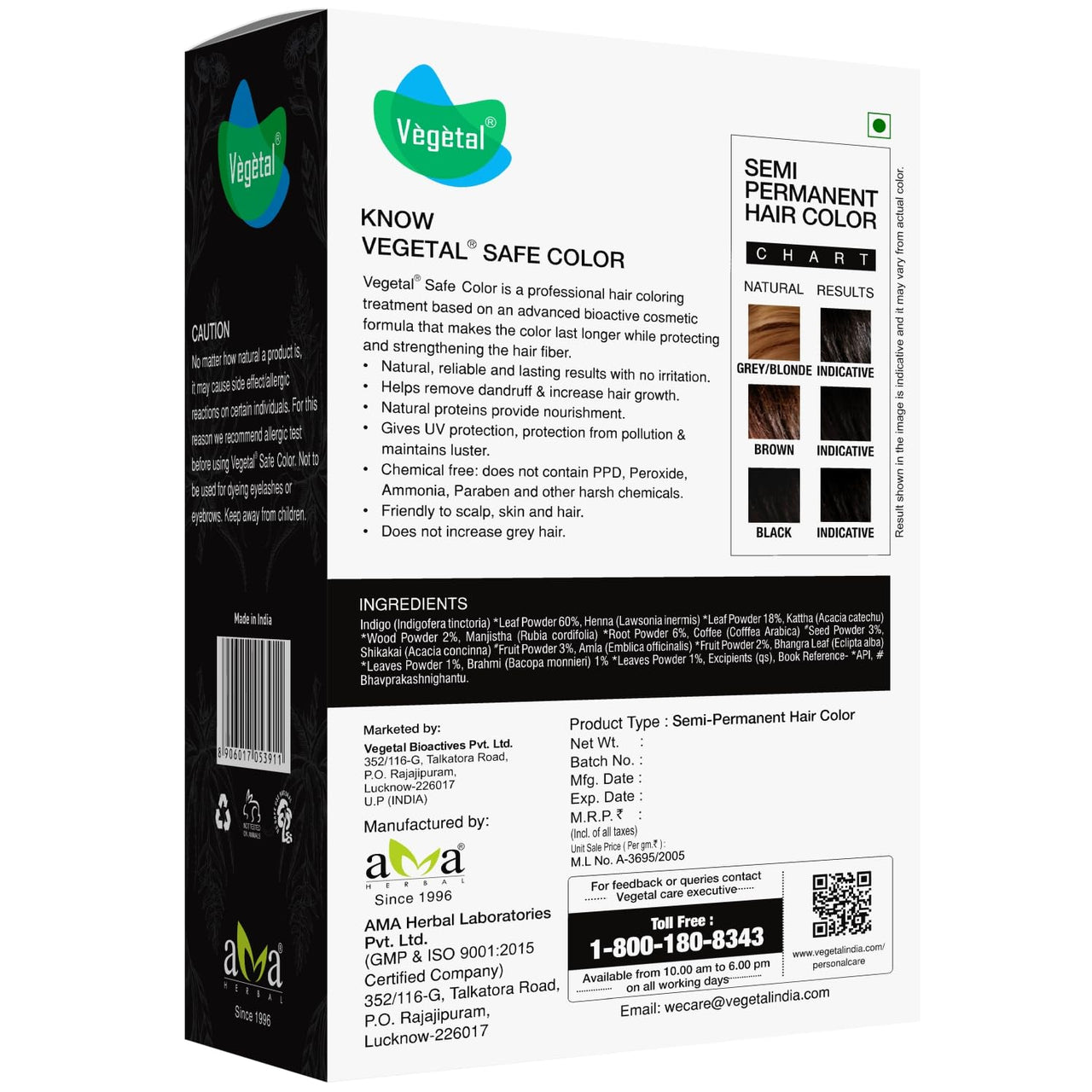 Vegetal Safe Color Plus Natural Hair Colour, Soft Black- 50g. Chemical-Free, No Ammonia, No Peroxide, Unisex (Pack of 2)