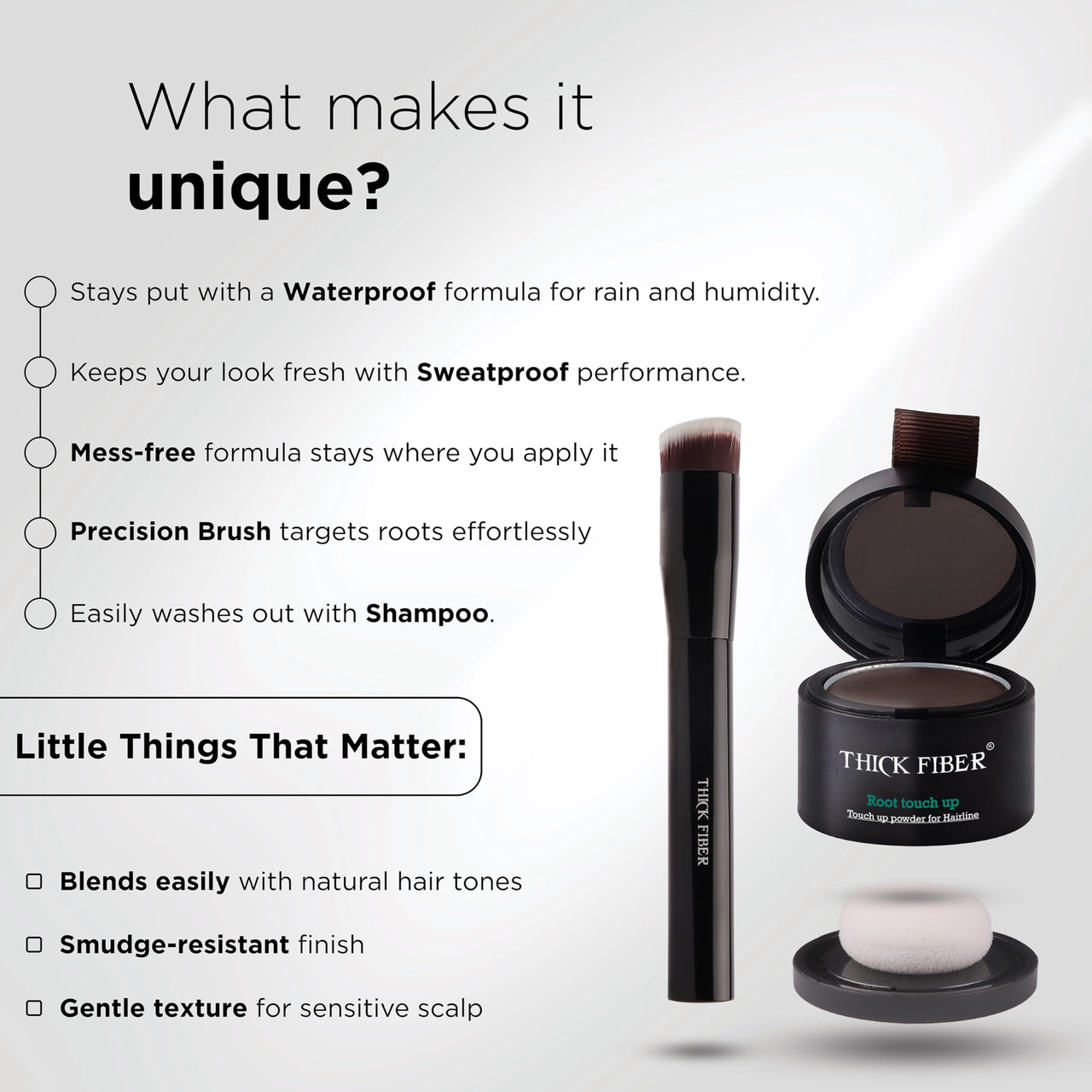 THICK FIBER Root Touch Up Powder, Root Cover for Thin & Bald Head - Water & Sweat Resistant Hair Powder for Thinning Hair Women, Includes Brush (Dark Brown) 4 Grams