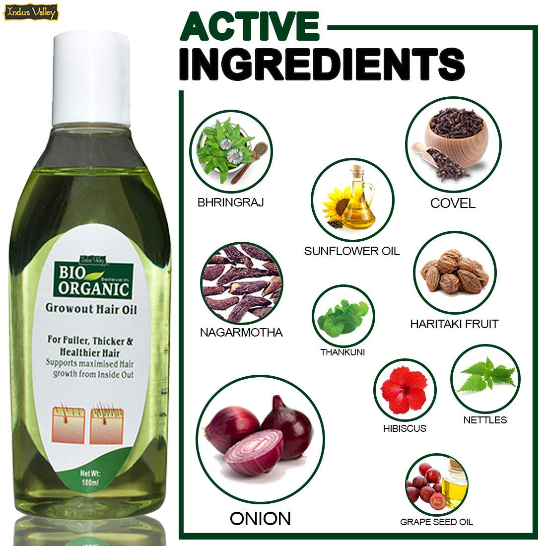 INDUS VALLEY Bio Organic Growout Hair Oil 100% Organic and Vegan Combats Dandruff, Flaky scalp, Frizz and Split Ends- 100ml