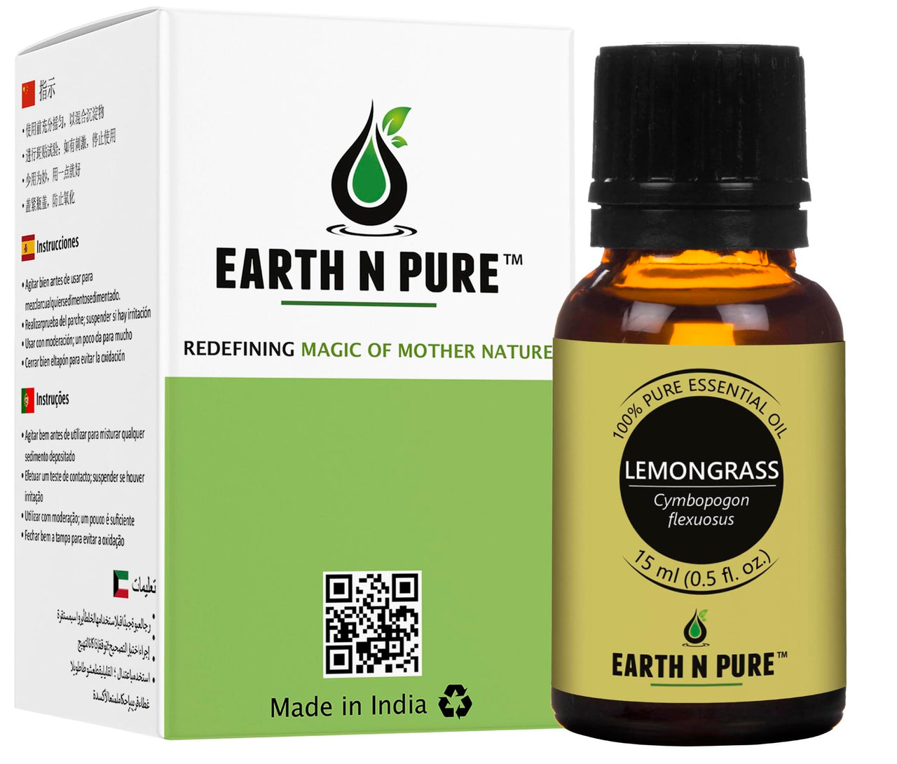 Earth N Pure Lemongrass Essential Oil | Steam Distilled | for Home Diffuser, Skin & Hair Care | 15 ML