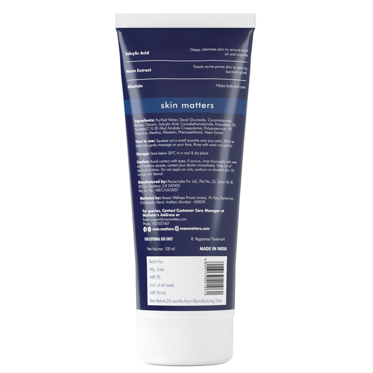 Man Matters Clear 2% Salicylic Acid Face Wash for Men | Helps to Reduce Acne, Dark Spots & Oil Production | Formulated with Salicylic Acid, Neem Extract and Menthol | 100ml