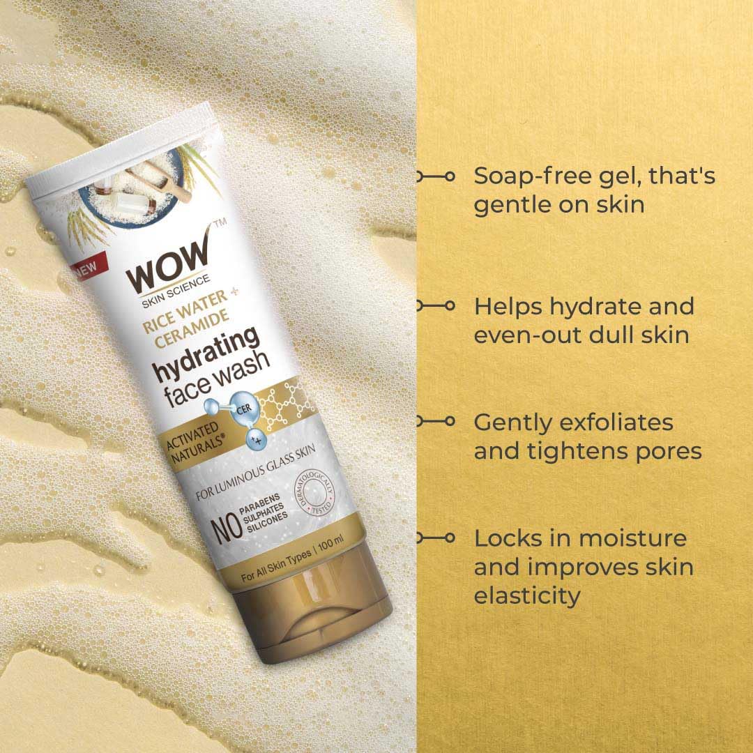 WOW Skin Science Rice Water & Ceramide Hydrating Face Wash | Brightens Skin | Tightens Pores | Locks in Moisture | Reduces Fine Lines | Improves Skin Elasticity | 100ml