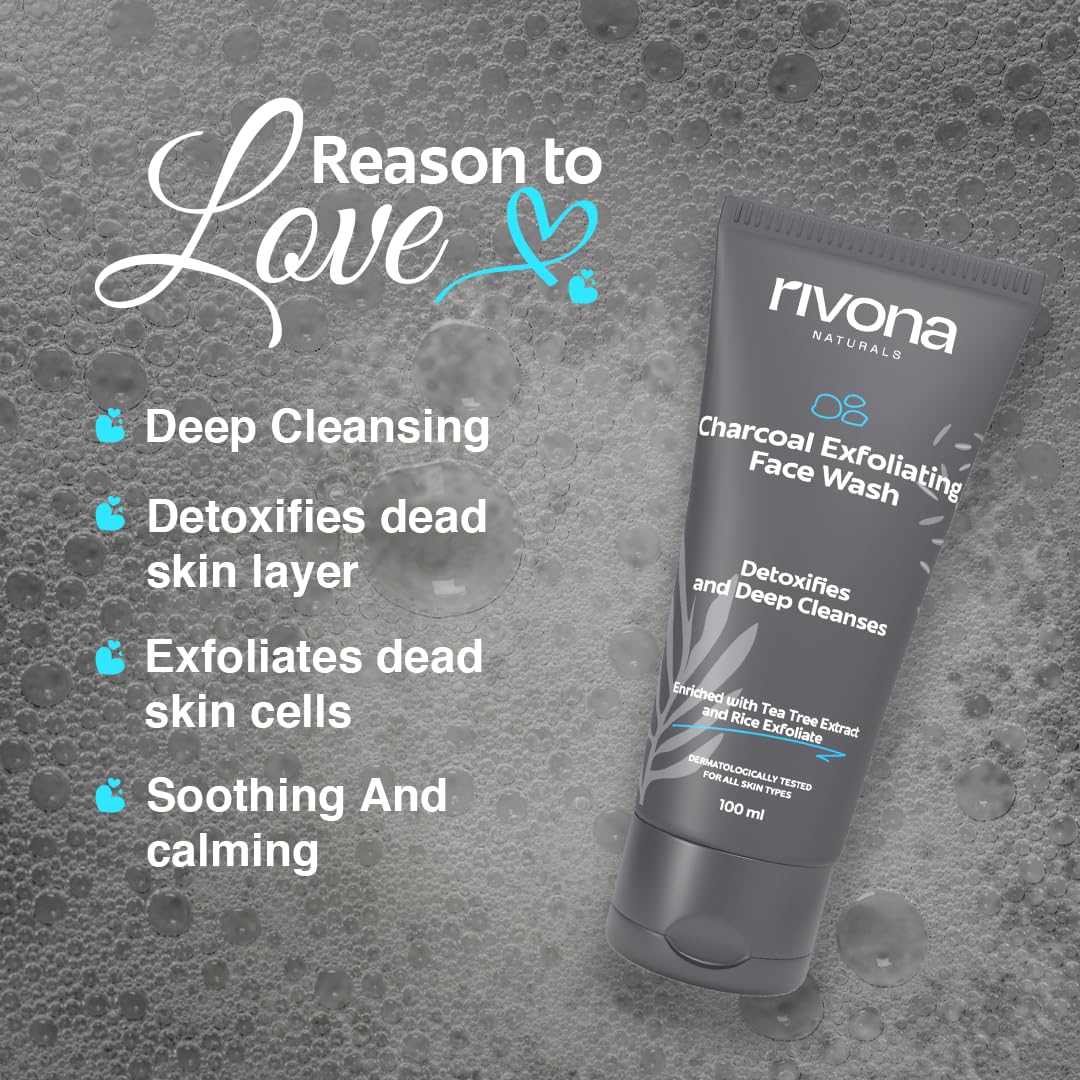 Rivona Naturals Charcoal Face Wash for Men, Anti Pollution and Deep Pore Cleasning with Tea tree and Rice Granules 200ml