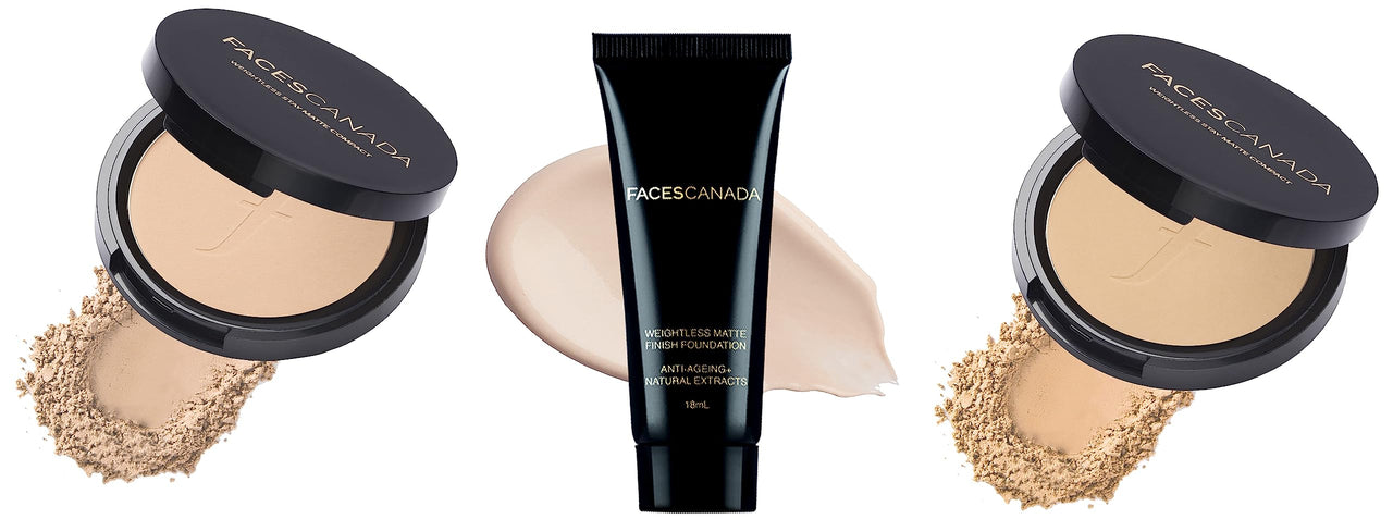 FACESCANADA Weightless Light Matte Compact, All Skin Type Spf 20, Ivory 9Gm & Weightless Matte Finish Liquid Natural Foundation 18 Ml, Ivory 01 & Weightless Matte Compact Spf 20, Beige 9Gm, 3 count