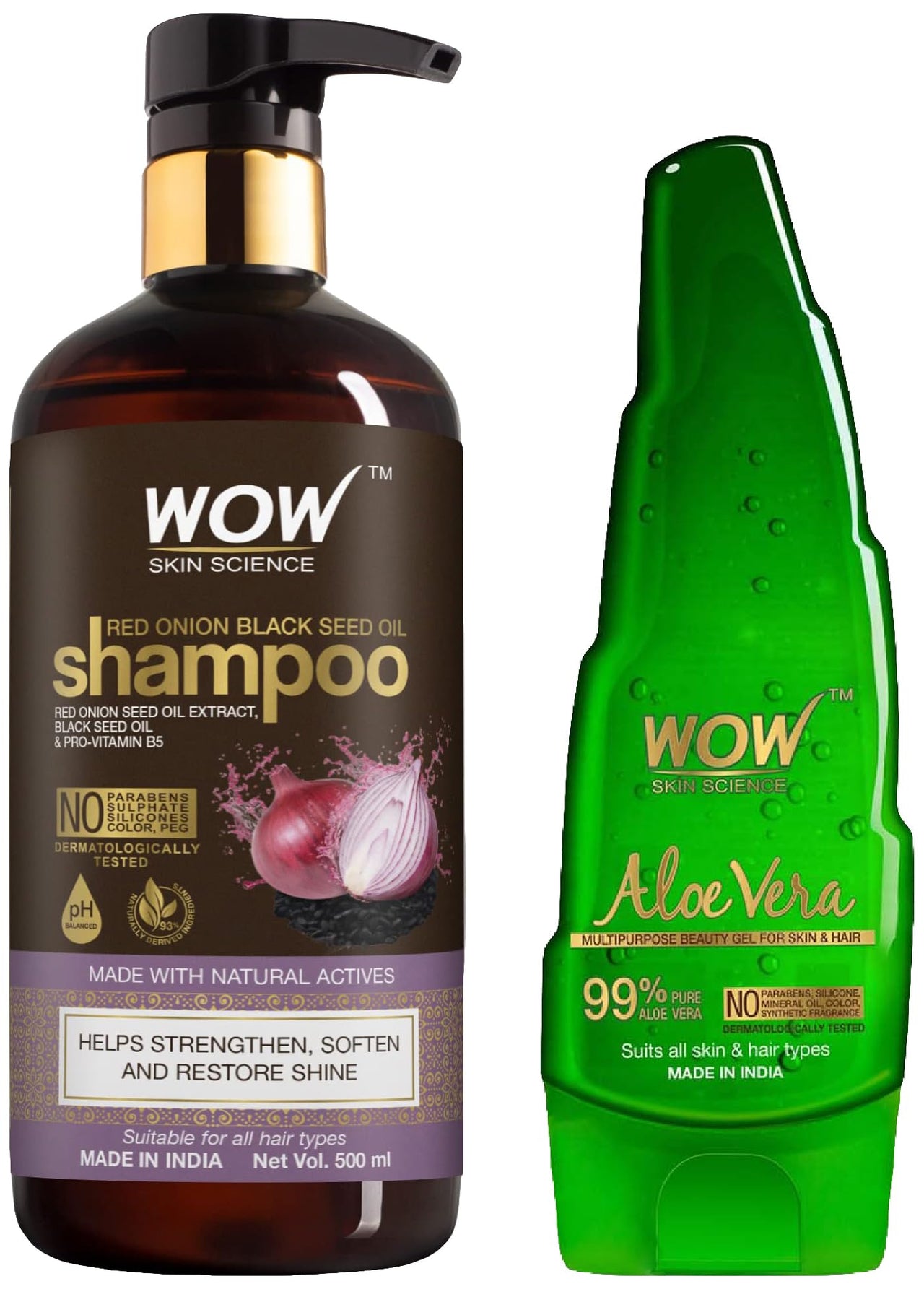 WOW Skin Science Onion and Black Seed Shampoo 500ml & WOW Skin Science Aloe Vera Multipurpose Beauty Gel for Skin and Hair