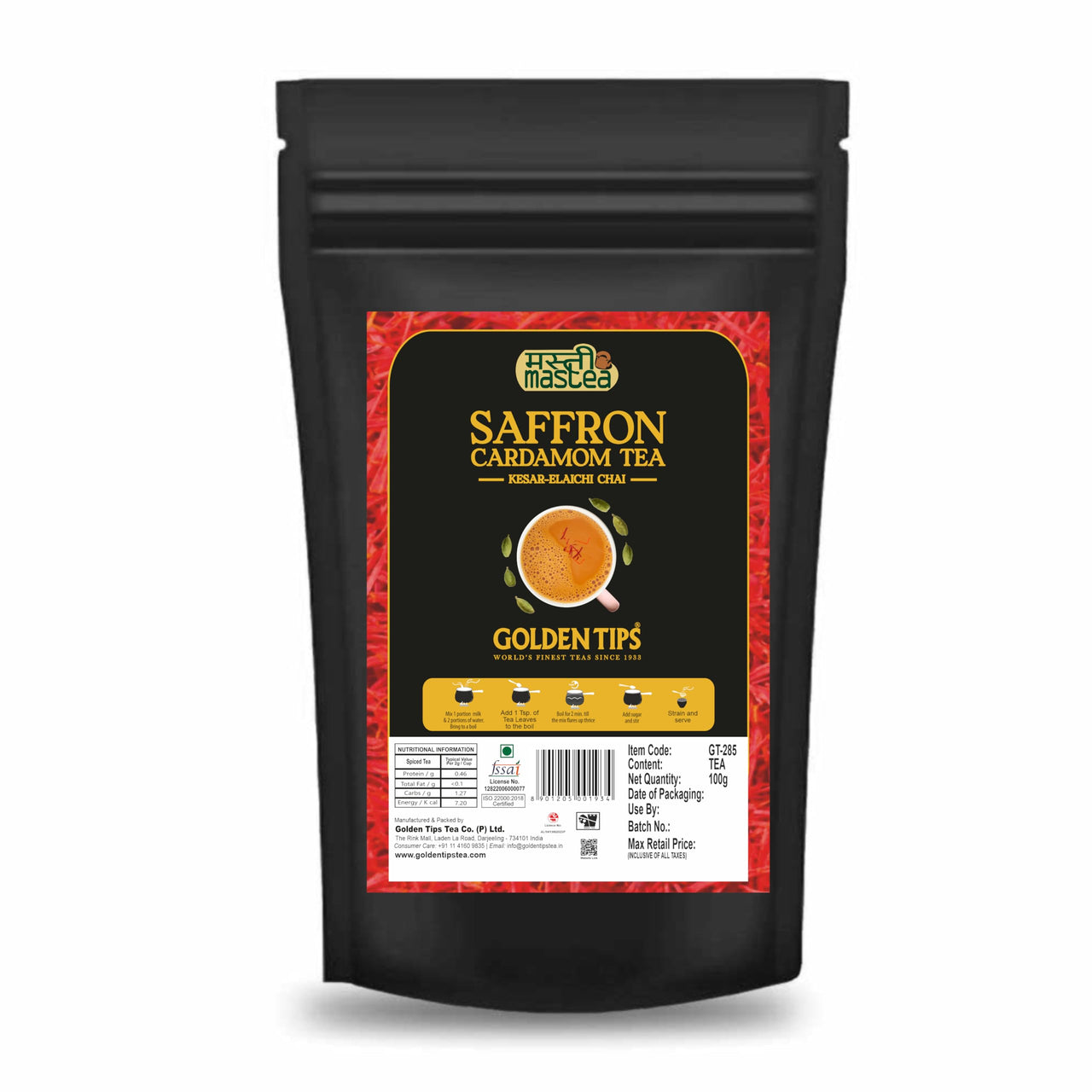 Golden Tips Saffron(Kesar) Cardamom (Elaichi) Exotic Indian Masala Chai CTC Black Tea (40 Cups), 100 g