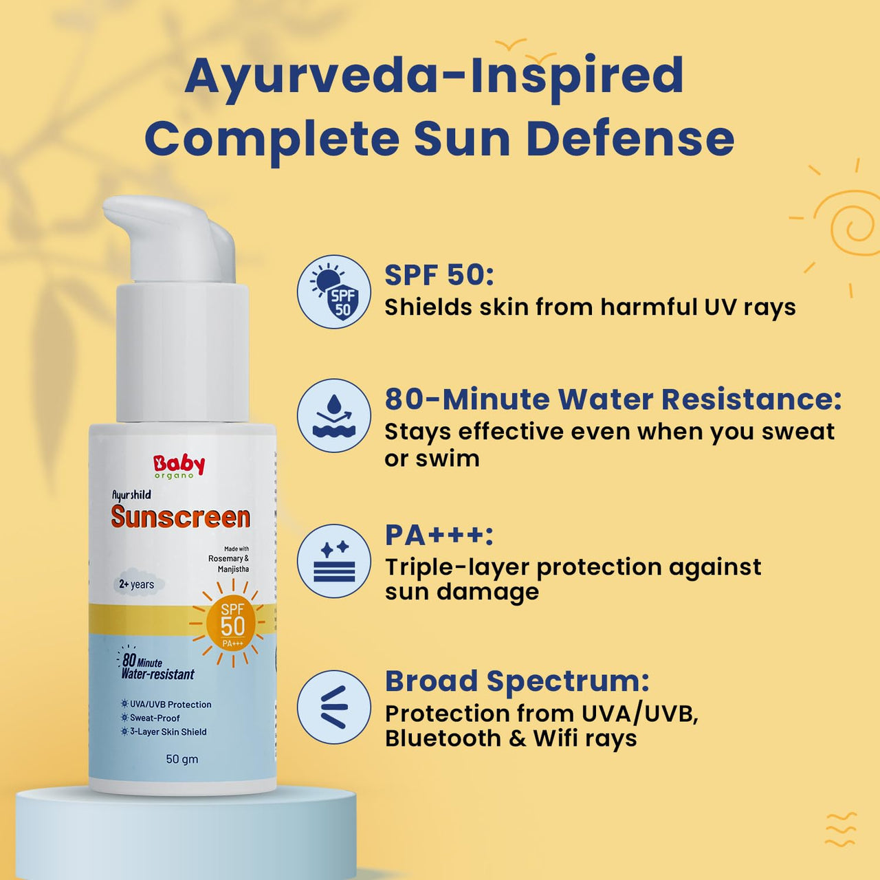 Babyorgano Natural Sunscreen For kids (2+ years) SPF 50 PA+++ UVA/UVB/Suits all Skin Type |Sun Protection |Deep Hydration 50gm (Pack of 1)