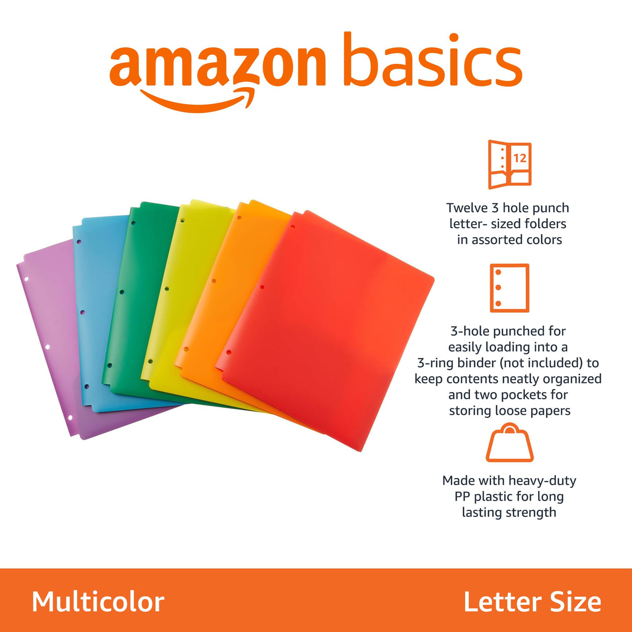 Basics Plastic 3 Hole Punch Folders with 2 Pockets, 8.5 x 11 inches, Pack of 12, Assorted Color