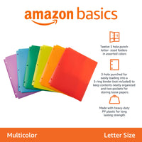 Basics Plastic 3 Hole Punch Folders with 2 Pockets, 8.5 x 11 inches, Pack of 12, Assorted Color