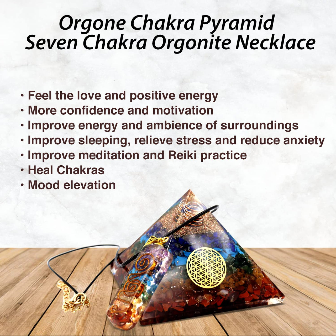 Real Crystal Orgone Chakra Pyramid - Seven Chakra Orgone Pyramid - Orgonite Pyramid for Energy Healing - Orgonite Kit - Protection With Seven Chakra Orgonite Necklace