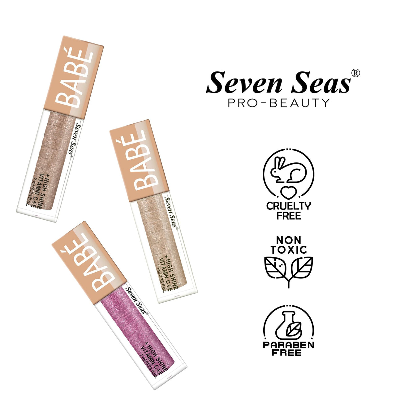 Seven Seas Babe Glittery Lip Gloss With High Shine Lip Color For Glossy Look |Lightweight Non Sticky Lip shiner For Moisturizing Lips (Rose,7ML)