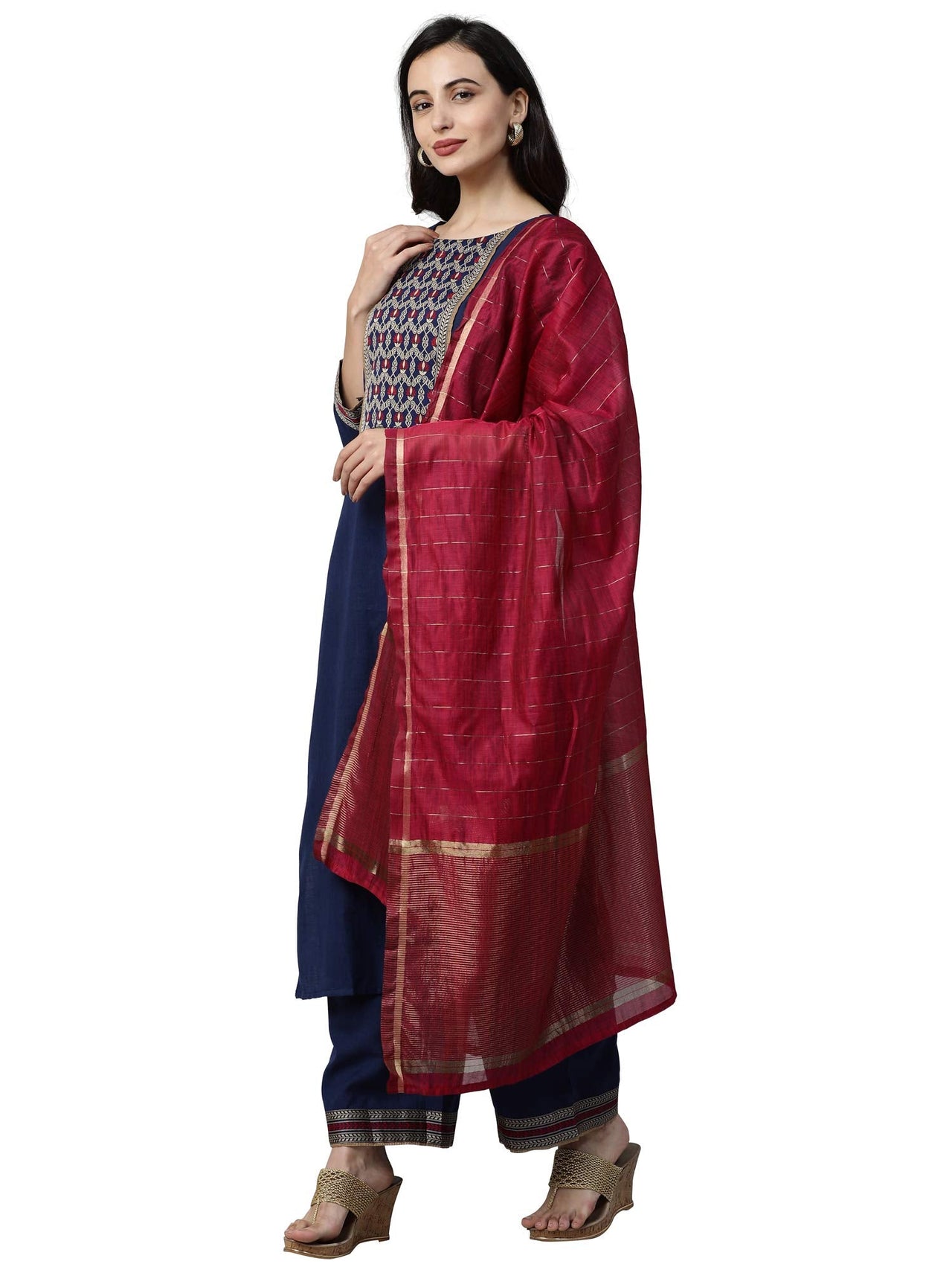 INDO ERA Women's  Pure Cotton Yoke Design Straight Kurta Palazzo with Dupatta Set(Navy Bue_IE26KD4NB1771_XS to 2XL-Size)