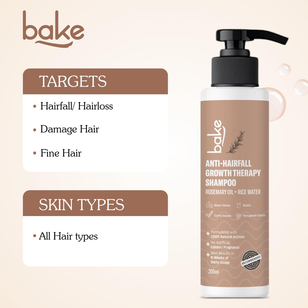 BAKE Rosemary Anti Hair Fall Shampoo for Hair Growth, Hair Fall & Dandruff Control with Black Onion & Methi Dana, Reduces Hair Loss & Prevents Hair Damage, For Men & Women - 200ml