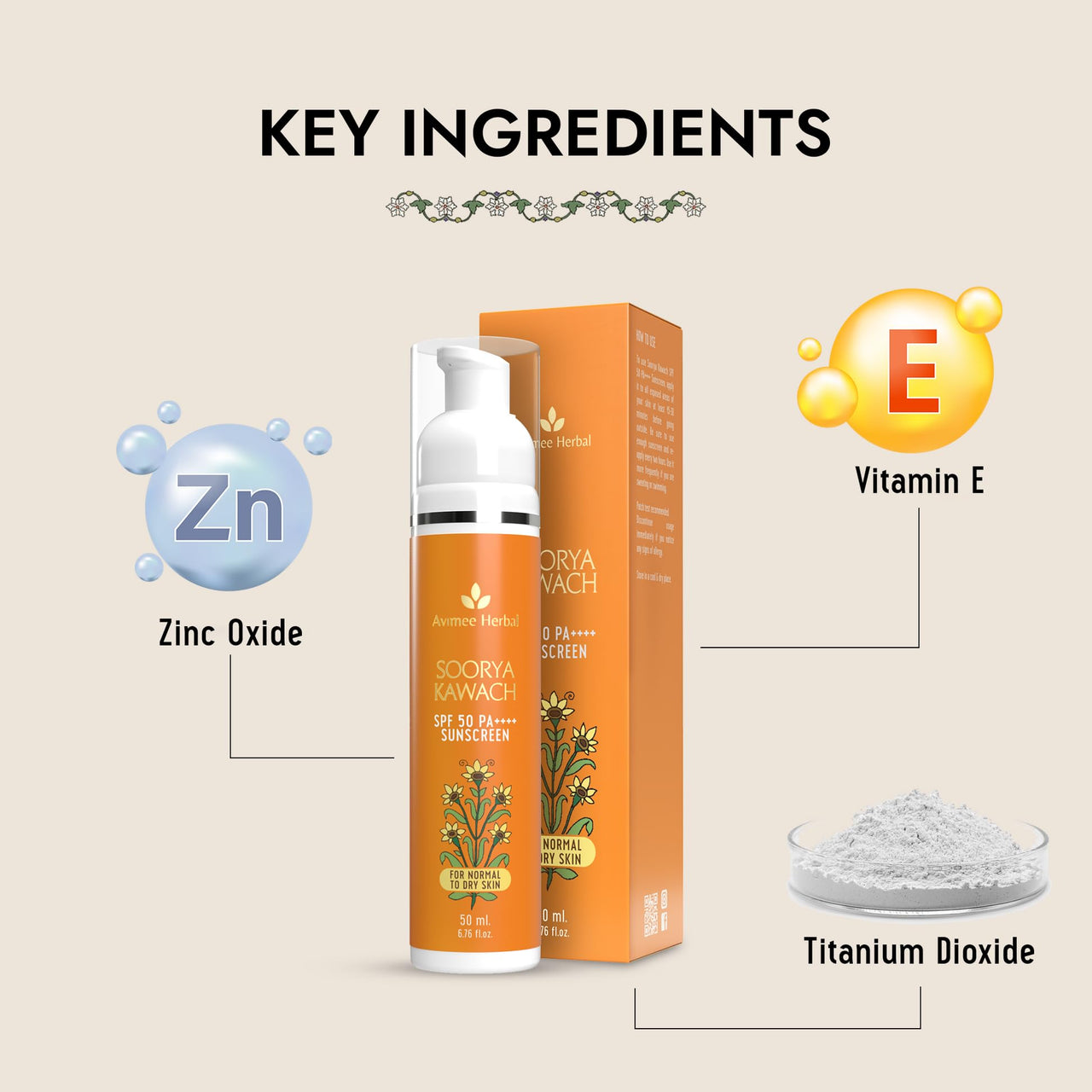 AVIMEE HERBAL Soorya Kawach Sunscreen With De-Tan Extract - 50 ml | Spf 50 PA++++ For Broad Spectrum UVA, UVB & Blue Light Protection | For All Skin Types | Light Weight & Non-Greasy | For Men & Women