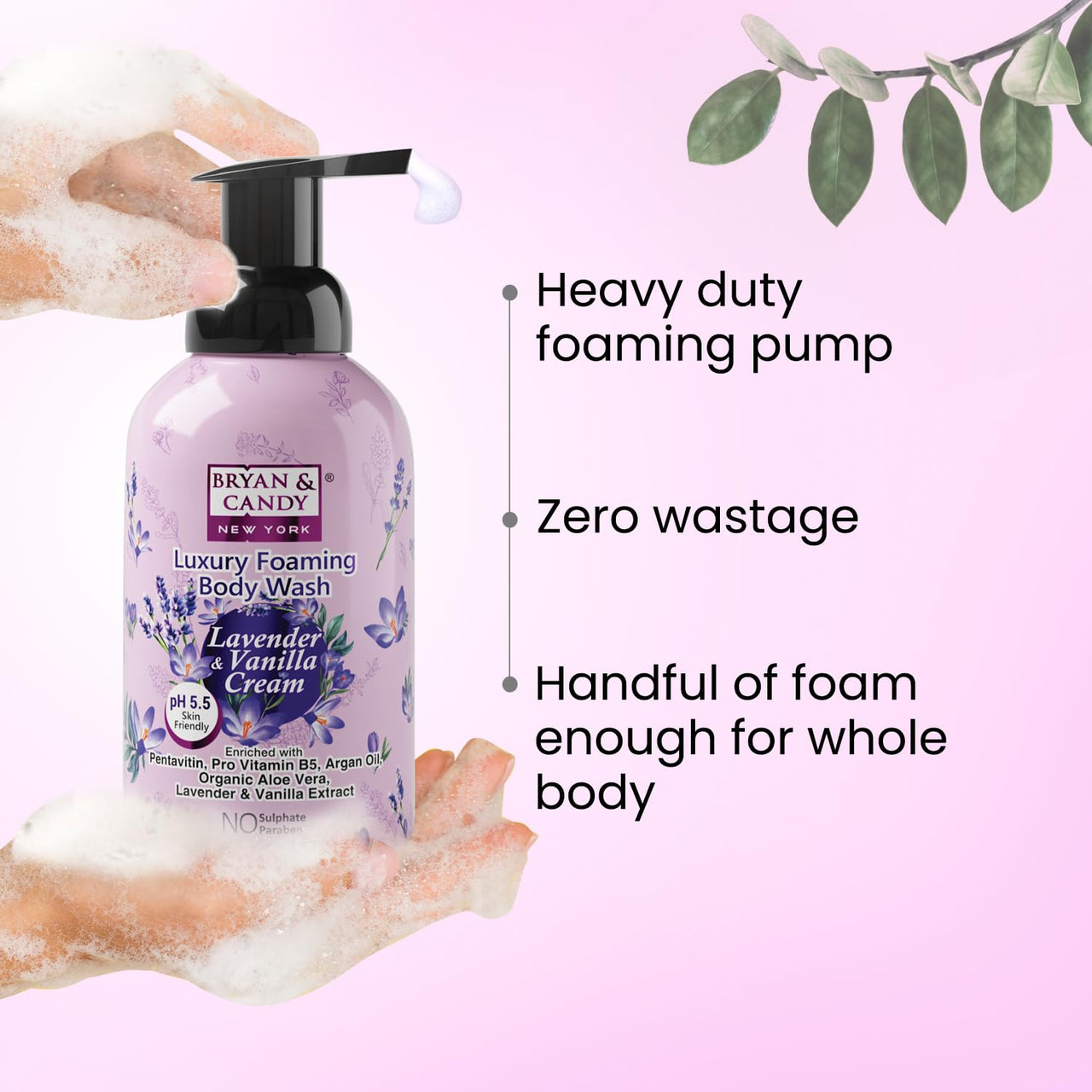 Bryan & Candy Luxury Foaming Body Wash with Pentavitin,Pro Vit B5,Argan Oil,Aloe Vera, Skin Friendly pH 5.5, All Skin Types, 400 Ml (Lavender & Vanilla)