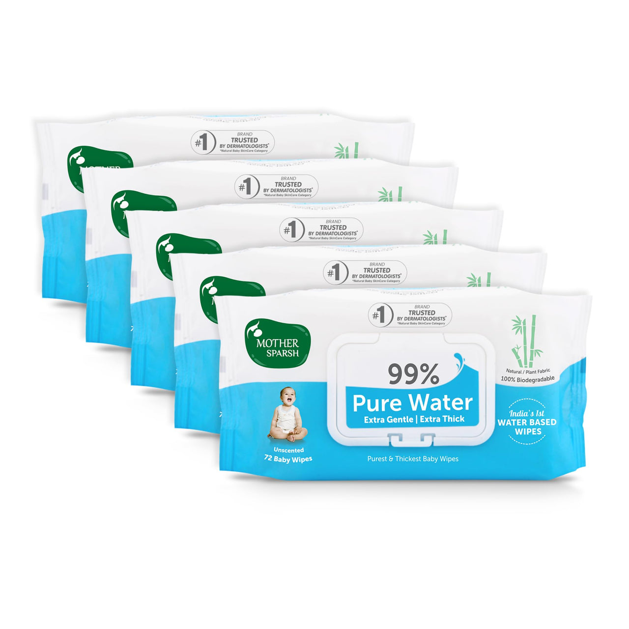 Mother Sparsh 99% Pure Water (Unscented) Baby Wipes I Natural Plant Made Cloth - Super Thick I 72 pcs/Pack - Pack of 5