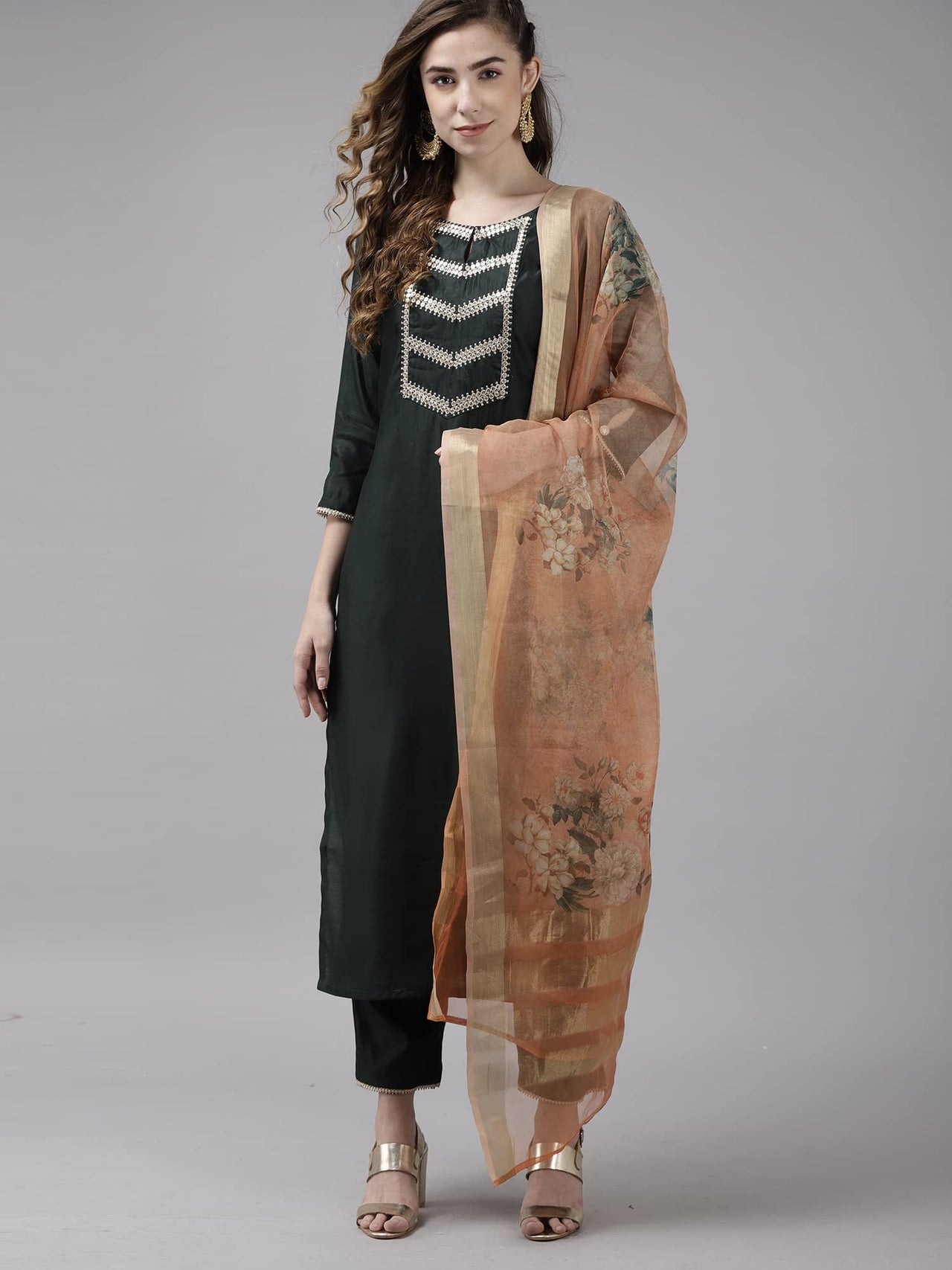 INDO ERA Women's  Cream Solid Viscose Straight Kurta Trouser With Dupatta Set