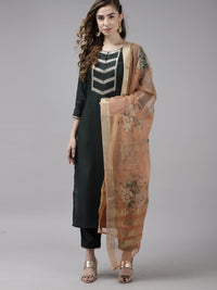 INDO ERA Women's  Cream Solid Viscose Straight Kurta Trouser With Dupatta Set