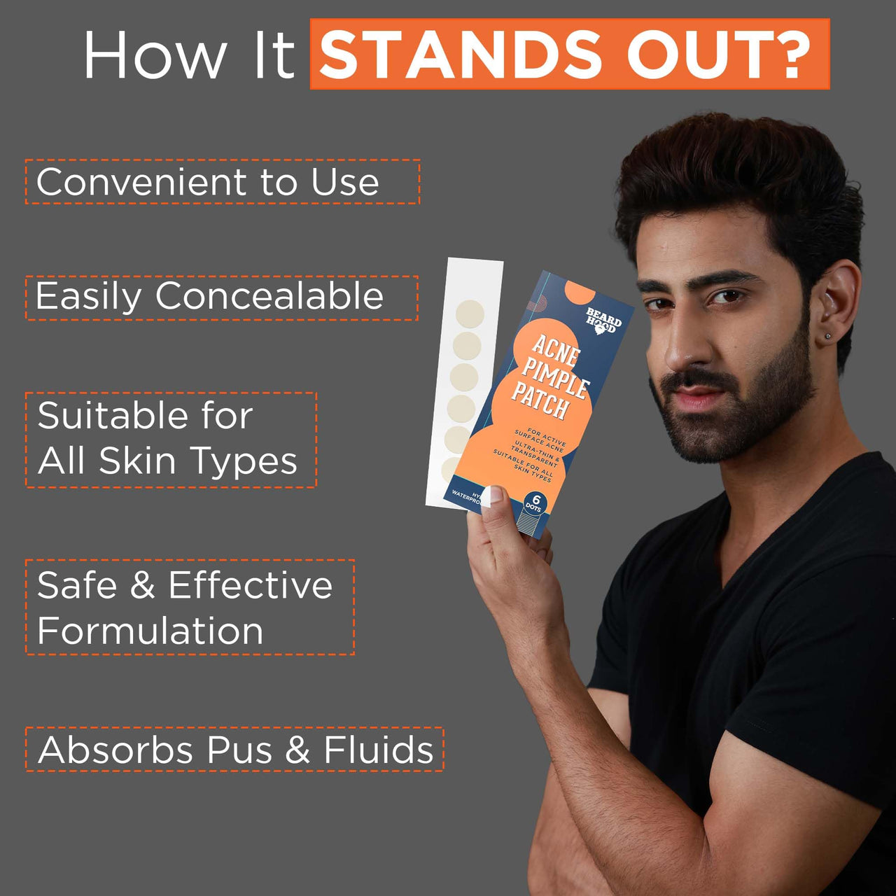 Beardhood Acne Pimple Patch | 6 Hydrocolloid Waterproof Patches | Absorbs Pimple Overnight, Reduces Excess Oil | For All Skin Types