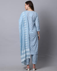 Rajnandini Women's  Sky Blue Pure Cambric Cotton Jaipuri Printed & Embroidered Kurta Set With Dupatta (JOPLJPR824-P)