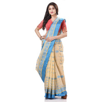 dB DESH BIDESH Women`s Traditional Bengal Phulkoli Woven Design Pure Handloom Cotton Saree Without Blouse Piece White Red