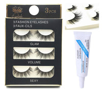HUDA GIRL Eye Lashes for Women - Black Handmade Natural Thick Long Polyester, 3 Pairs False Eyelashes with Eyelash Glue - Empathetic Reusable Extensions for Womens, Girls - Eyelash with glue Set