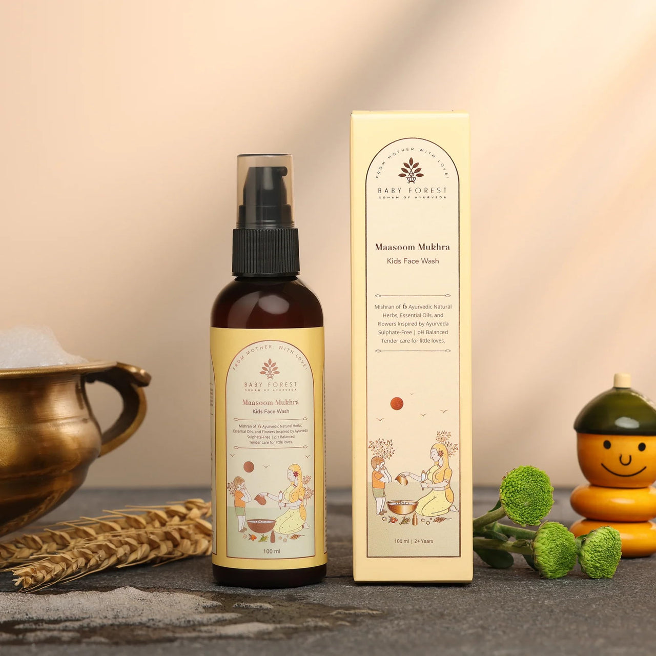 Baby Forest Maasoom Mukhra Ayurvedic Kids Face Wash | Mixture of 6 Ayurvedic Natural herbs, Essential Oils & Flowers | Vegan & Sulphate-Free | Derma Safe | Suitable for Age 2+ Years | 100 ml
