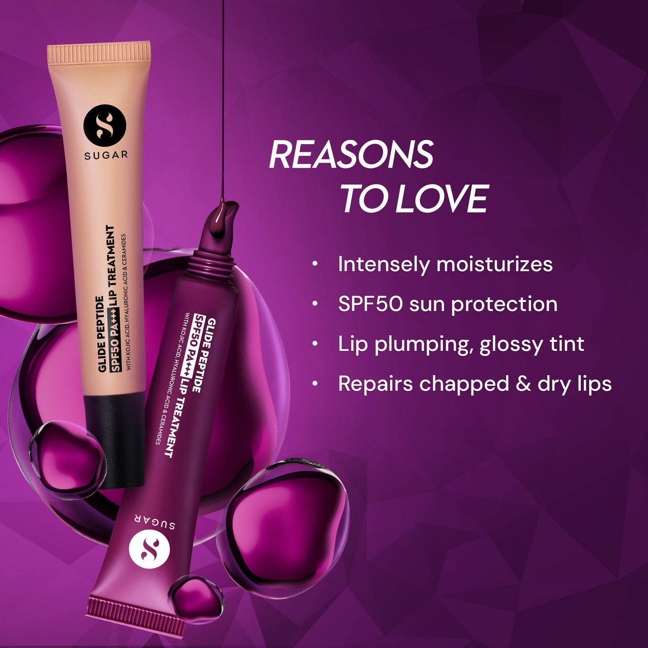 SUGAR Cosmetics Glide Peptide SPF50 PA+++ Lip Treatment | Infused Hyaluronic Acid, Ceramides & Vitamin E | Tinted Lip Balm | 10ml - 02 Caramel Crepe