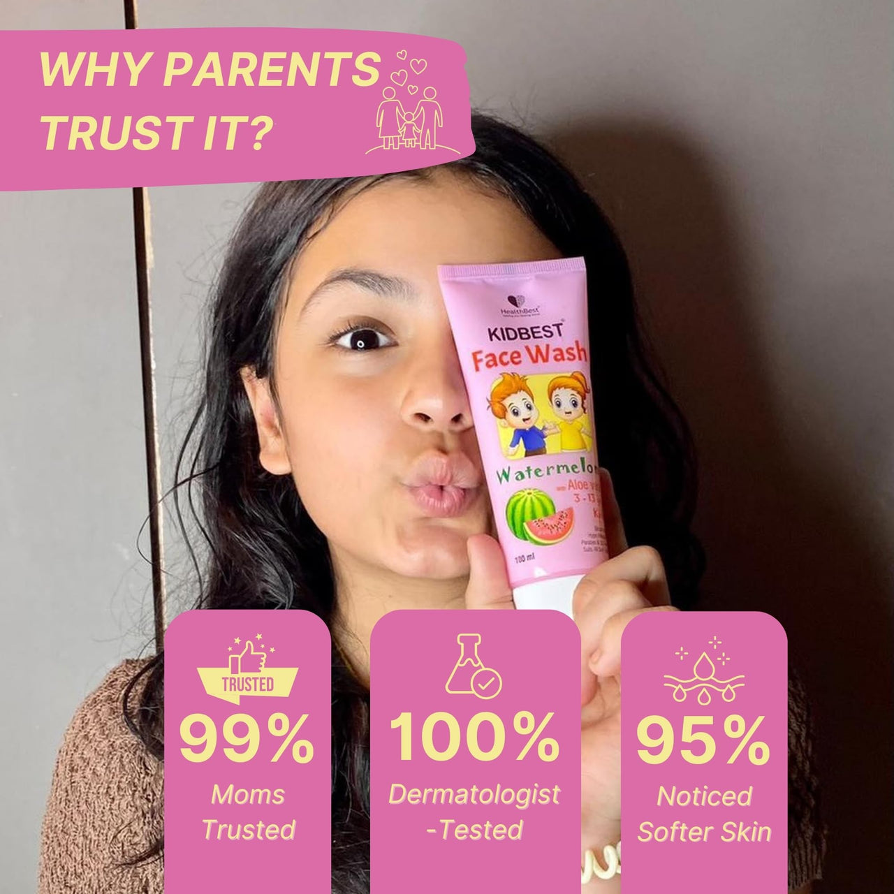 HealthBest Kids Multivitamin Face Wash - Natural, Non-Toxic 100ml, Organic Watermelon for Normal, Gentle Sensitive & Dry Skin Types | Tear, Paraben, SLS Free, Pack of 1