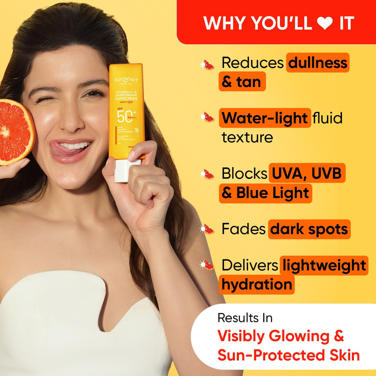 DOT & KEY Vitamin C + E Super Bright Sunscreen Spf 50 |Water-Light,UVA/UVB & Blue Light Protection|For Even Toned & Glowing Skin|With Liquid Spf 50+++| No White Cast| For All Skin Types| 50G,Pack Of 1