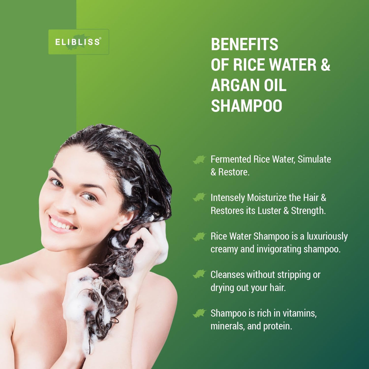 Elibliss Smooth & Shine Shampoo with Fermented Rice Water & Amino | Strengthens, Smoothens & Adds Shine | Hair Care for Dry, Frizzy, or Dull Hair | Sulfate-Free 475ml Pack of 2