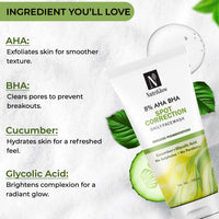 NutriGlow 8% AHA BHA Spot Correction Daily Face Wash, Gentle Exfoliating Formula with Cucumber, Glycolic Acid, All Skin Types For Men And Women (100ml) Pack of 2