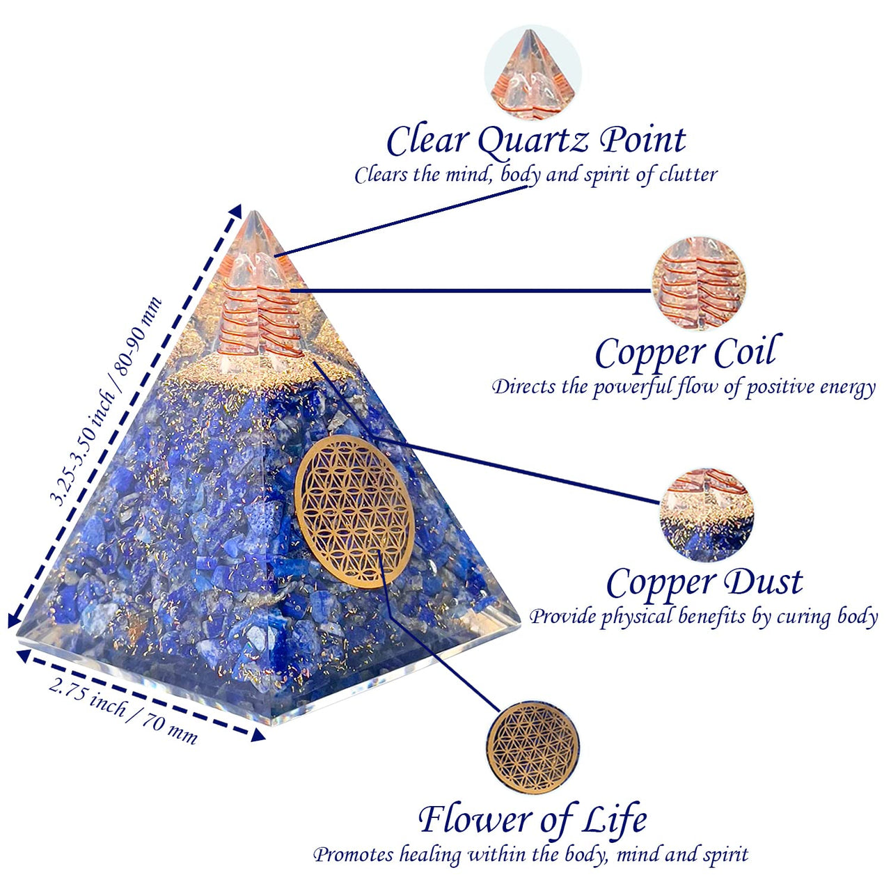 Orgone Pyramid | Lapis Lazuli Orgonite Pyramid for Wisdom, Harmony, Honesty & Self-Awareness | Healing Crystal Gemstone Pyramid | Orgone Pyramid Crystal - Handmade In India