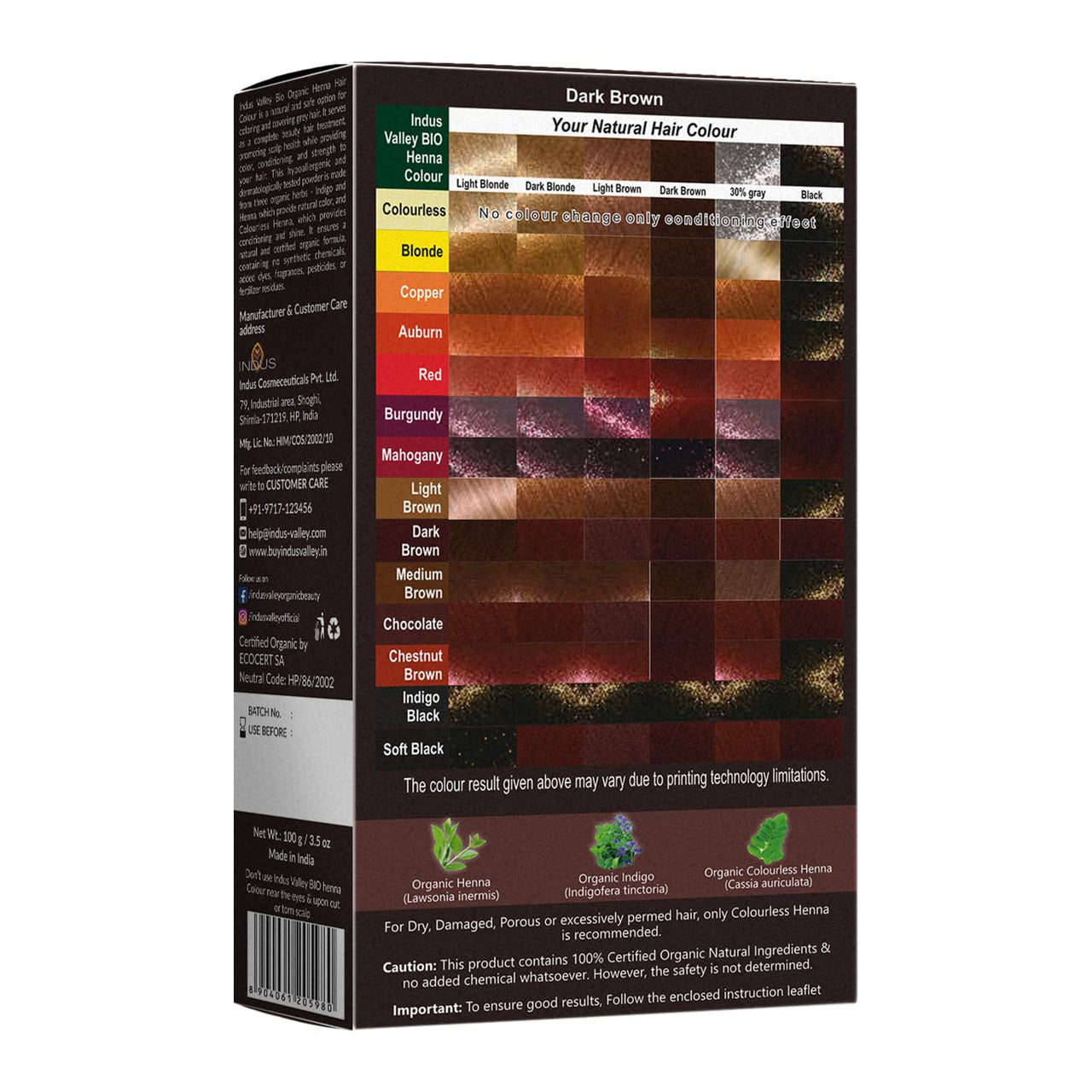 INDUS VALLEY 100% Organic Henna Hair Color Dark Brown Nourishes and Moisturizes Hairs Triple Sifted Microfine Powder (100g)
