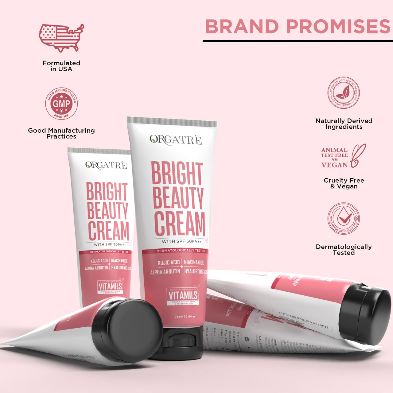 Orgatre Bright Beauty Cream 75gm with SPF 30 PA++ | Non-Oily Daily Moisturizer with Kojic Acid, Niacinamide & Hyaluronic Acid | Mattifying Face Cream for Brightening, Smooth & Hydrated Skin