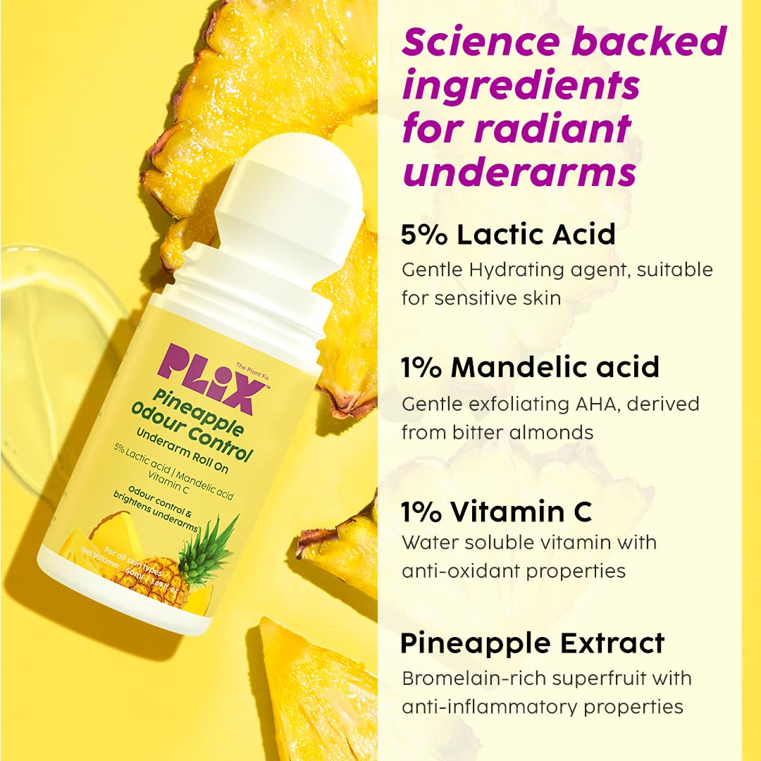 PLIX - THE PLANT FIX Pineapple Odour Control Underarm Roll-On (50Ml) With 5% Lactic Acid & 1% Mandelic Acid, Prevents Body Smell, Brightens Skin & Exfoliates Underarm, Alcohol Free - Lotion