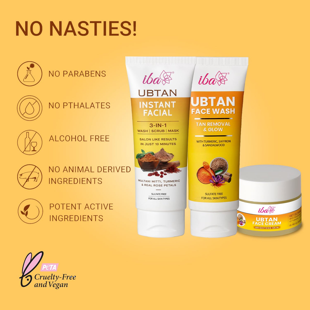 Iba Ubtan Essentials Skin Care Regime Combo for Glowing Skin | Removes Tan & Radiant Skin (Ubtan Face Wash (100ml), Ubtan 3 in 1 Instant Facial (100g), Ubtan Face Cream (50g))