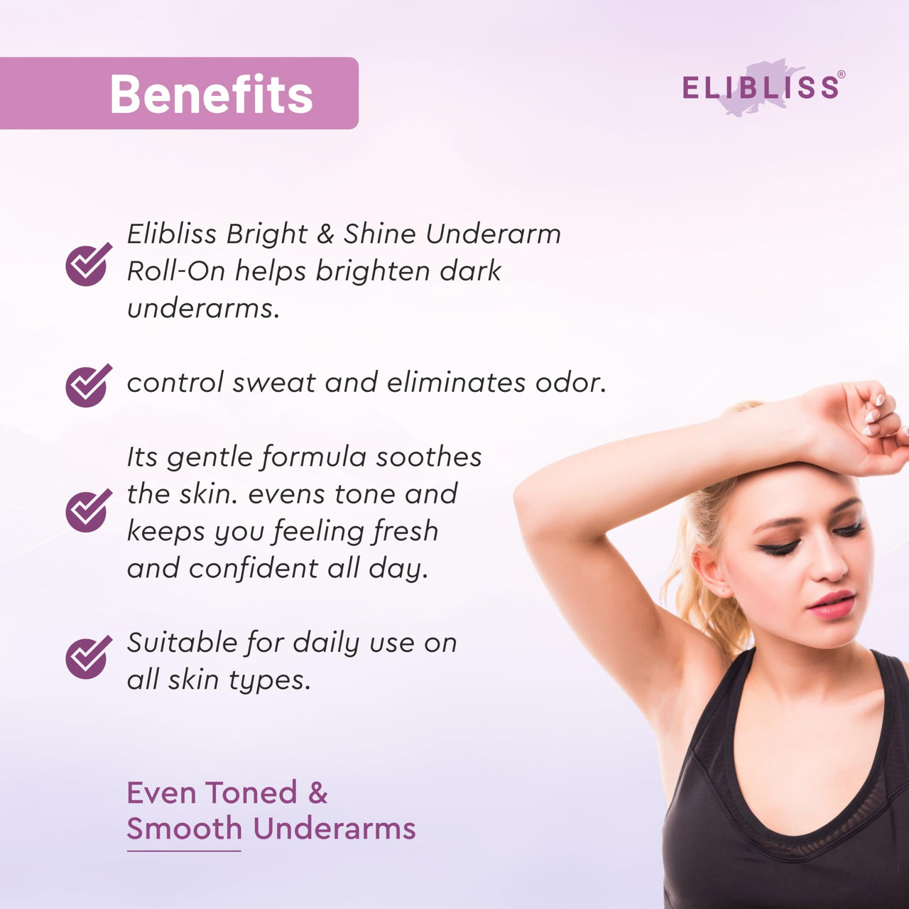 ELIBLISS Bright & Shine Underarm Roll-On with 4% AHA BHA to Control Body Odour & Reduce Pigmentation, Paraben & Sulphate Free, Visible Results in 3 Months 50ml