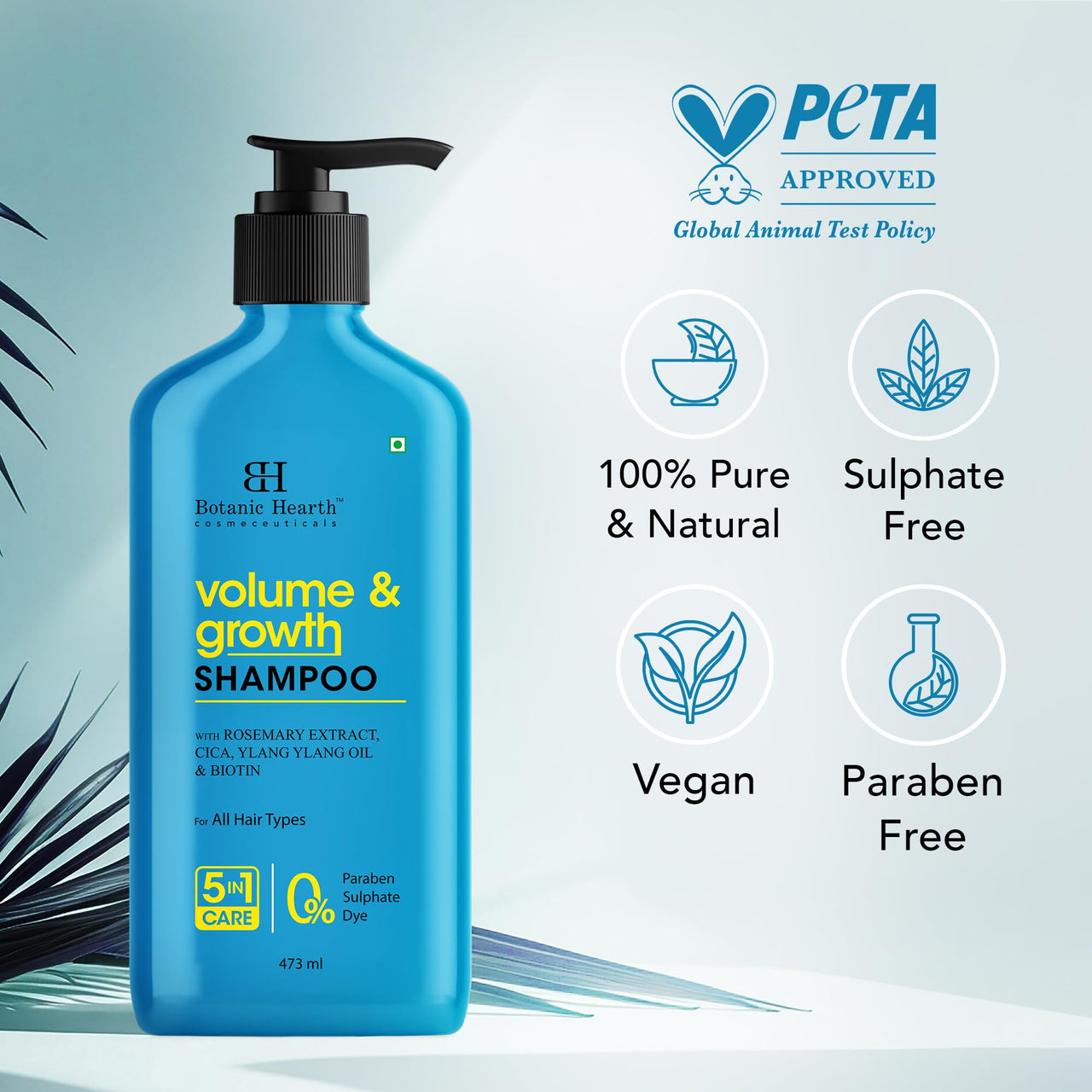 Botanic Hearth Volume & Growth Shampoo with Biotin & Ylang Ylang Oil | Thickens & Strengthens Hair | Hydrating & Fortifying Formula with Cica & Rosemary Water| Sulfate & Paraben Free, 473ml