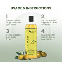 Rey Naturals Cold Pressed Extra Virgin Olive Oil For Hair | Nourishing Hair Oil For All Hair Types | Deeply Moisturizes, Repairs And Strengthens Hair | For Good Hair Texture And Adds Shine - 200ml