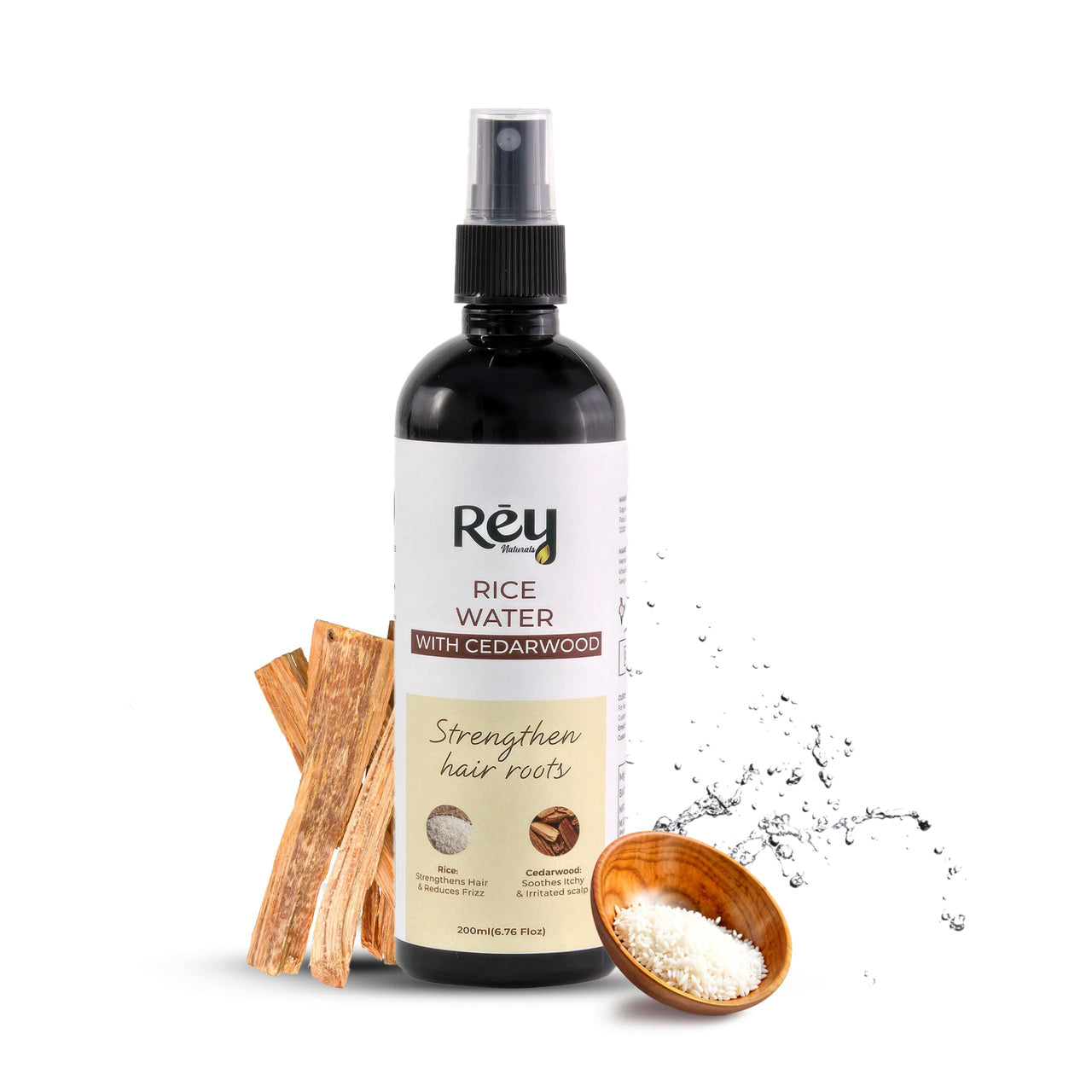Rey Naturals Aqua Range | Cedarwood & Rice Water Hair Growth Spray -200ml | Non-Oily Rice Water Mist For Smooth Frizz Free Hair | Cedarwood Extract For Dry & Itchy Scalp | Minimize Hairfall & Dandruff
