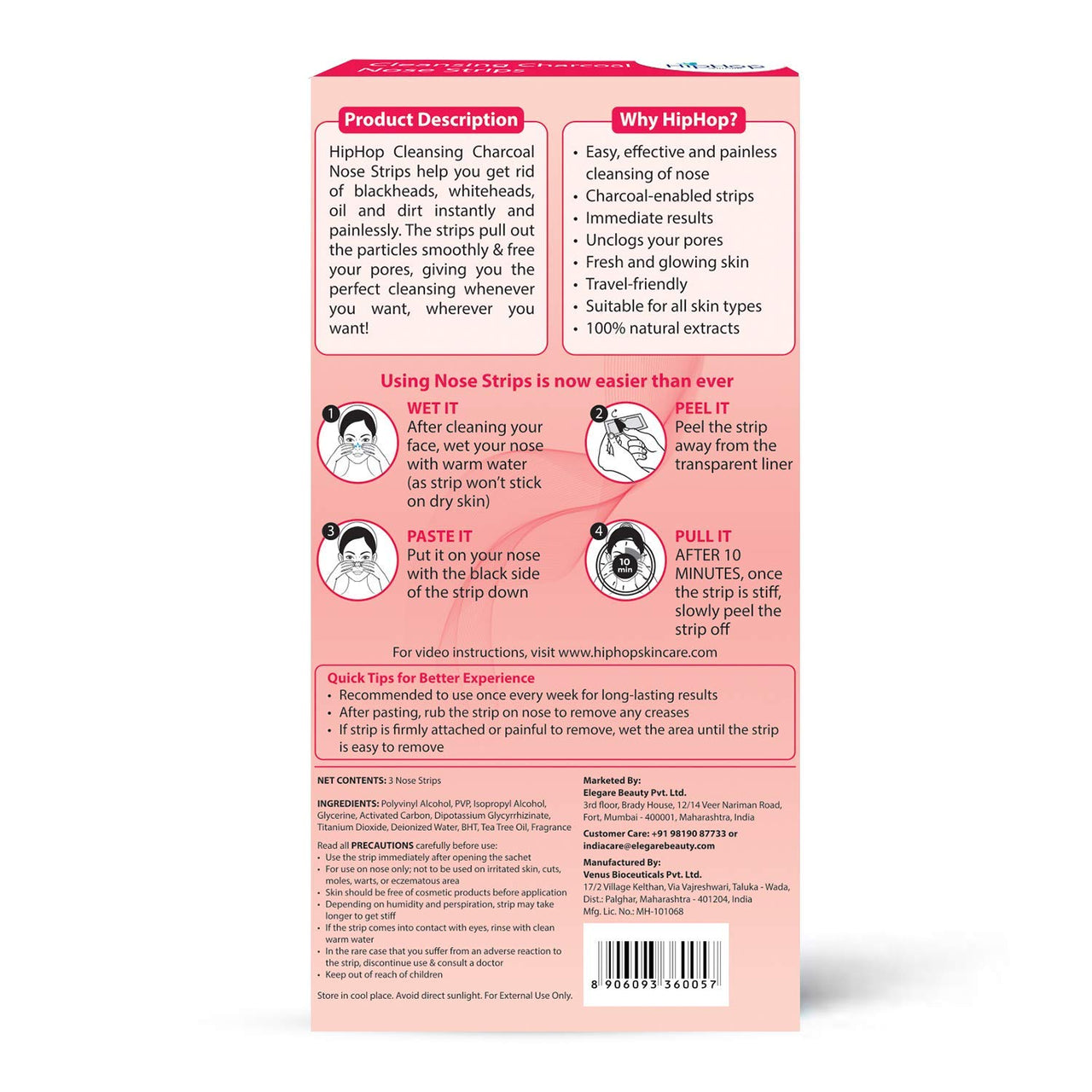 HipHop Skincare Cleansing Charcoal Nose Strips for Women - Blackhead Remover & Pore Cleanser (3 Strips)